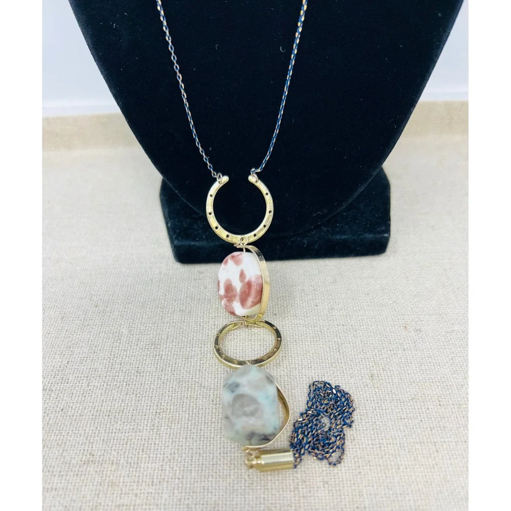Oliver Bonas Mixed Stone and Tassel Long Pendant Necklace Gold Blue Pink